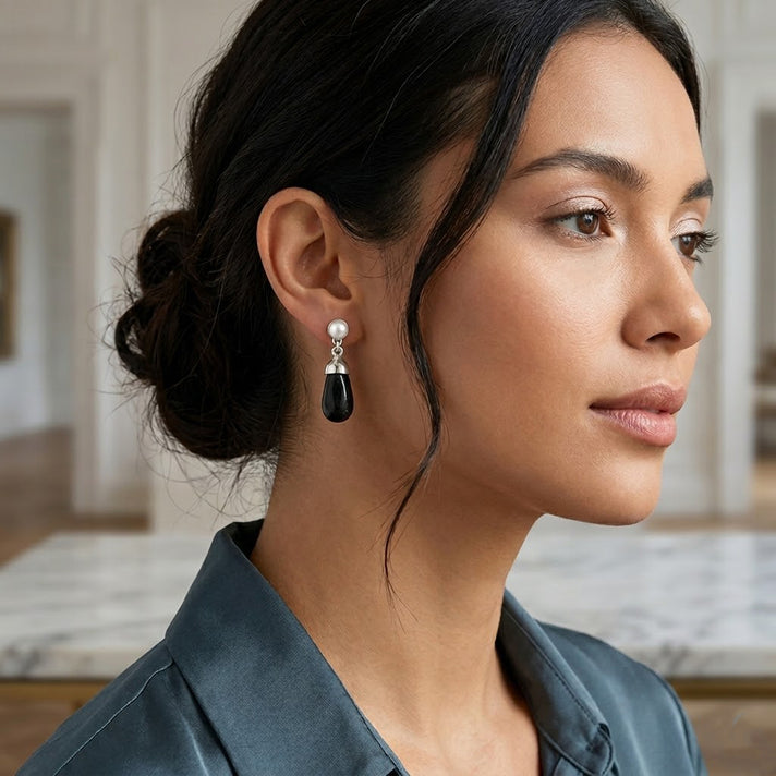 White Fresh Water Pearl &amp; Shungite Drop Earring with Push Back in White Tone 40.00 Ct. 8570373 2