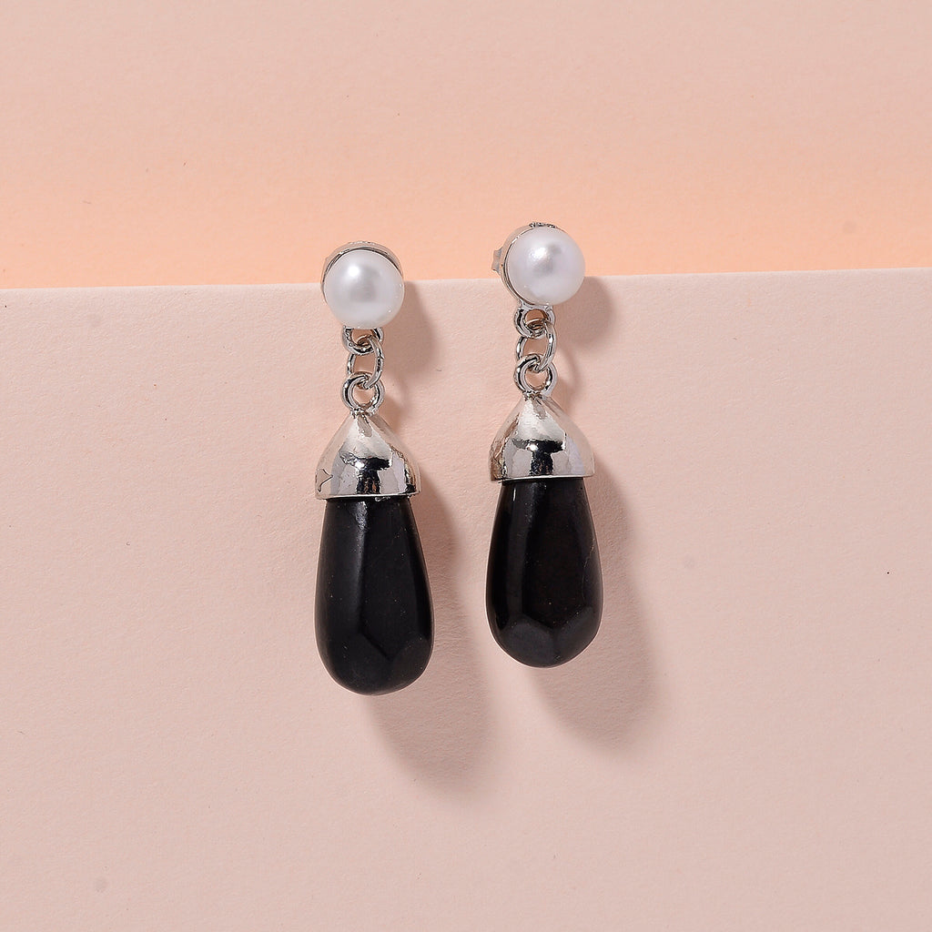 White Fresh Water Pearl & Shungite Drop Earring with Push Back in White Tone 40.00 Ct._8570373_2