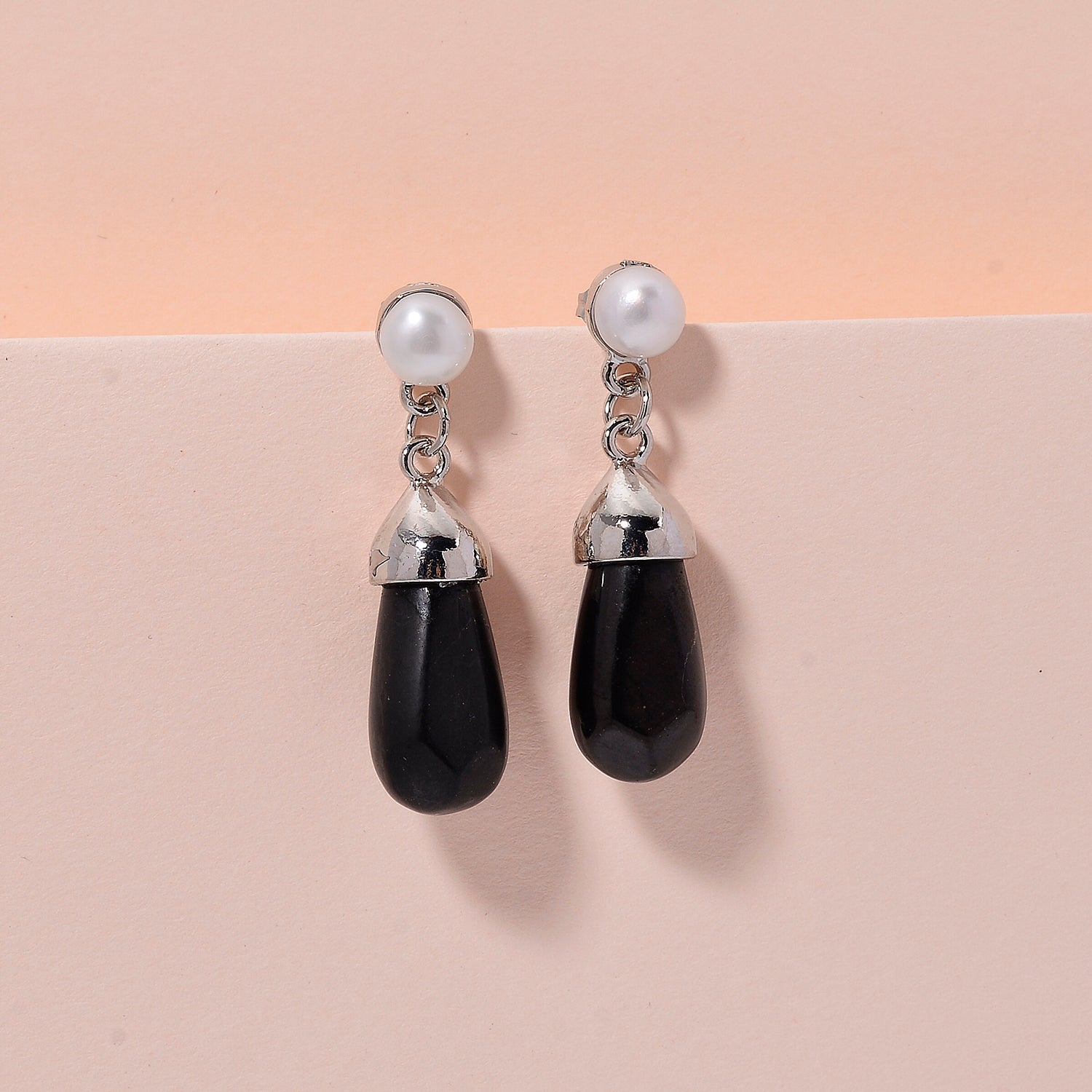 White Fresh Water Pearl &amp; Shungite Drop Earring with Push Back in White Tone 40.00 Ct. 8570373 3