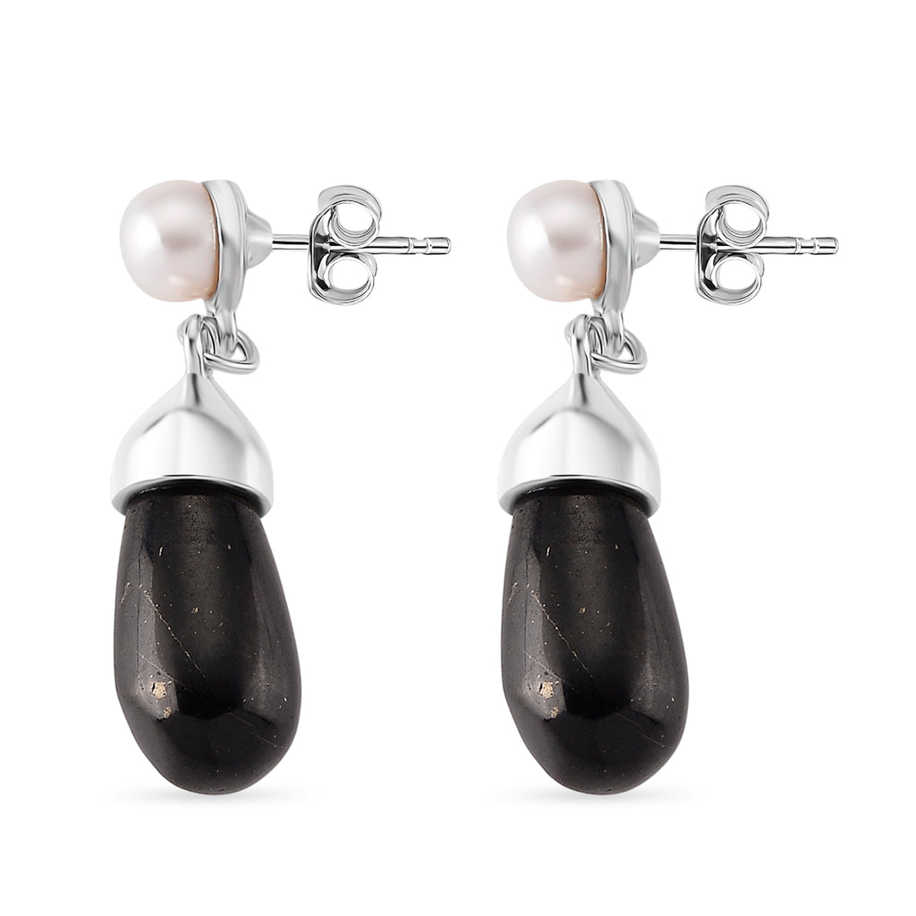 White Fresh Water Pearl & Shungite Drop Earring with Push Back in White Tone 40.00 Ct._8570373_3