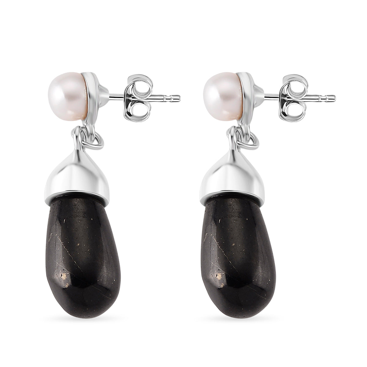 White Fresh Water Pearl &amp; Shungite Drop Earring with Push Back in White Tone 40.00 Ct. 8570373 4