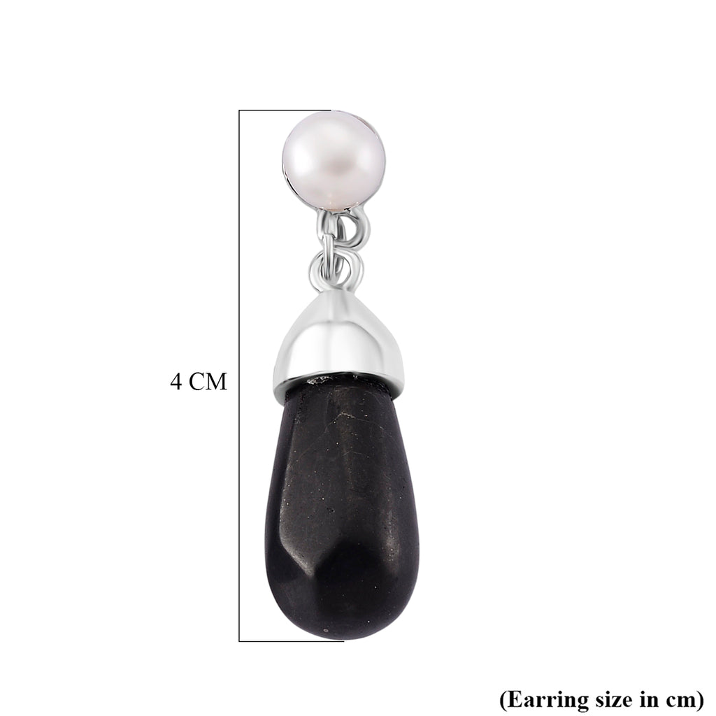 White Fresh Water Pearl & Shungite Drop Earring with Push Back in White Tone 40.00 Ct._8570373_5