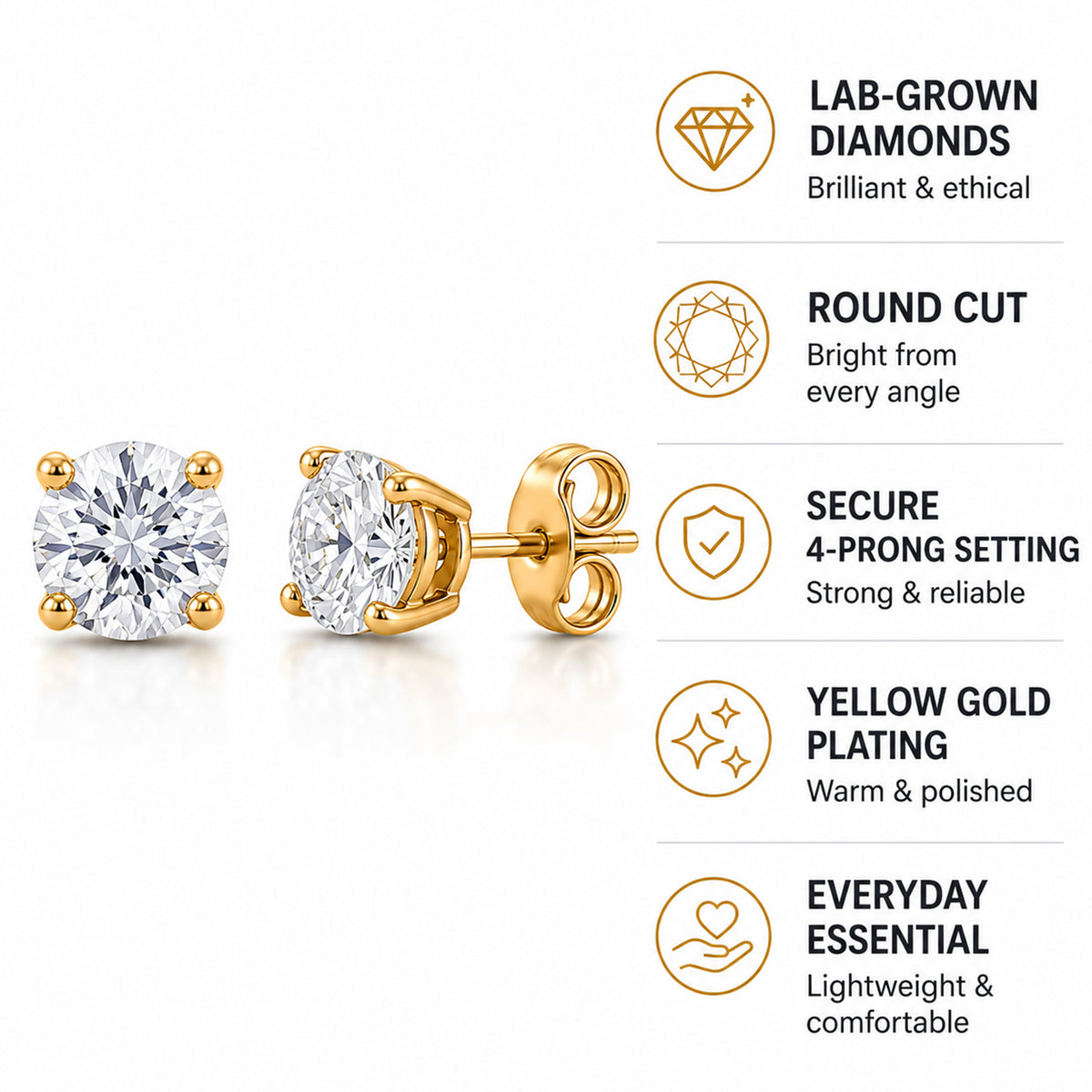 Luxuriant - Lab Grown Diamond (SI-G-H) Solitaire Stud Earring with Push Back in Yellow Gold Plated Sterling Silver 0.2 Ct. 8571461 4