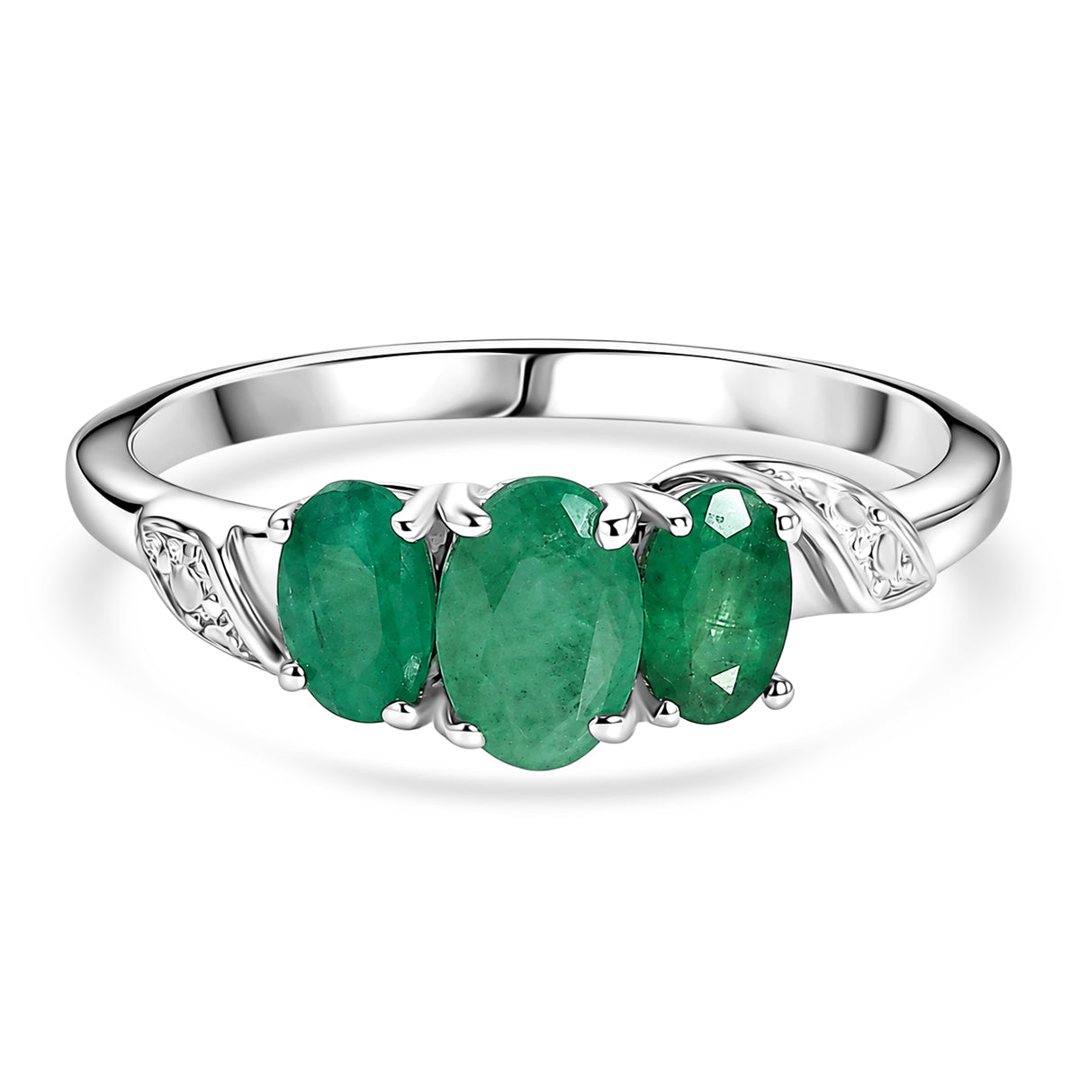 D'Joy Emerald Oval Cut Trilogy Ring in Rhodium Overlay Sterling Silver V32535721 0