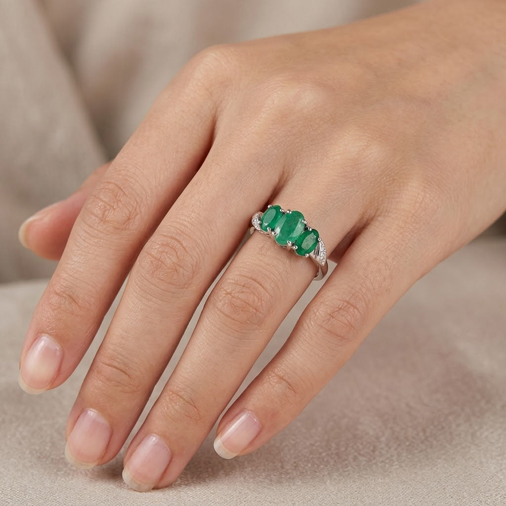 D'Joy Emerald Oval Cut Trilogy Ring in Rhodium Overlay Sterling Silver V32535721 2