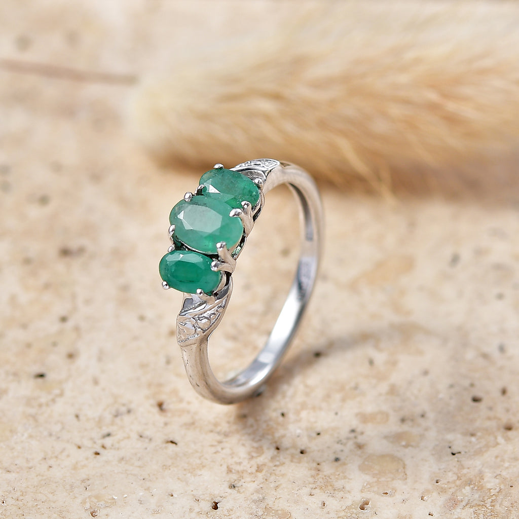 Royal Bali Collection - D'Joy Emerald Oval Cut Trilogy Ring in Rhodium Overlay Sterling Silver_8571757_2