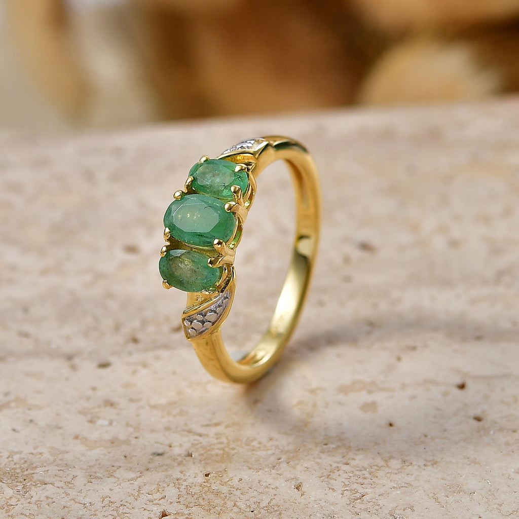 Royal Bali Collection - D'Joy Emerald Oval Cut Trilogy Ring in 18K Vermeil Yellow Gold Plated Sterling Silver_8571773_2