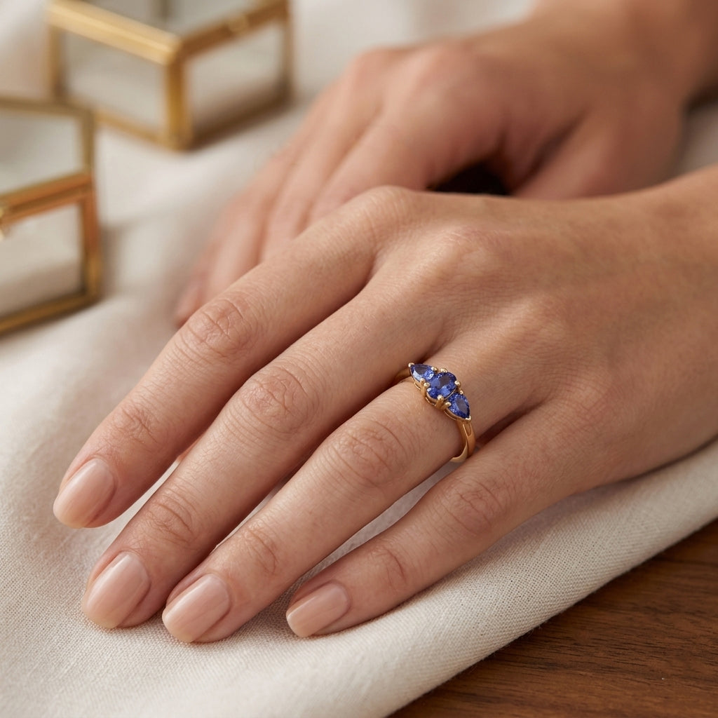 Tanzanite Trilogy Ring in Yellow Gold Plated Sterling Silver V32522024 2