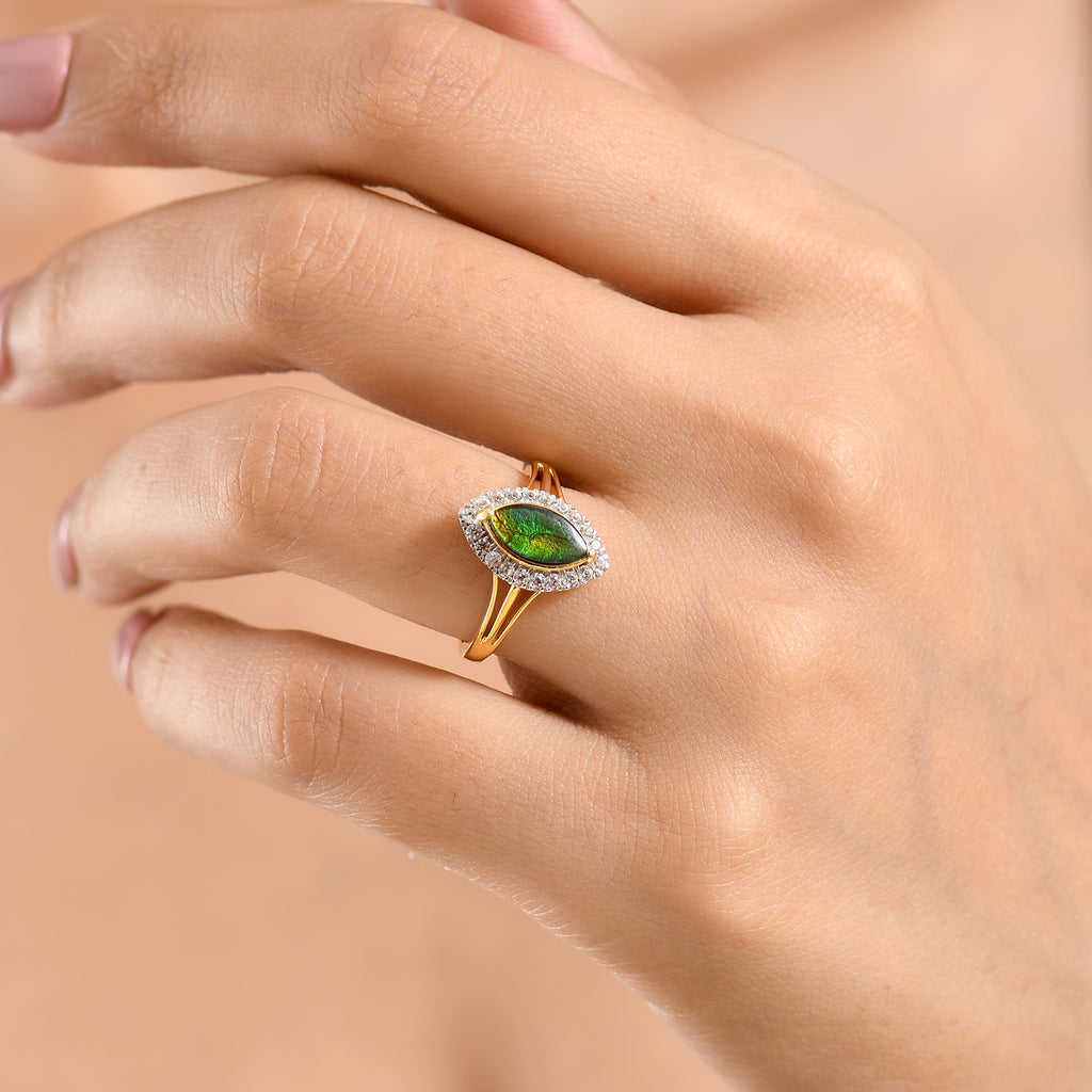 D'Joy - Ammolite & White Zircon Ring in Yellow Gold Plated Sterling Silver 1.43 Ct._8571948_1