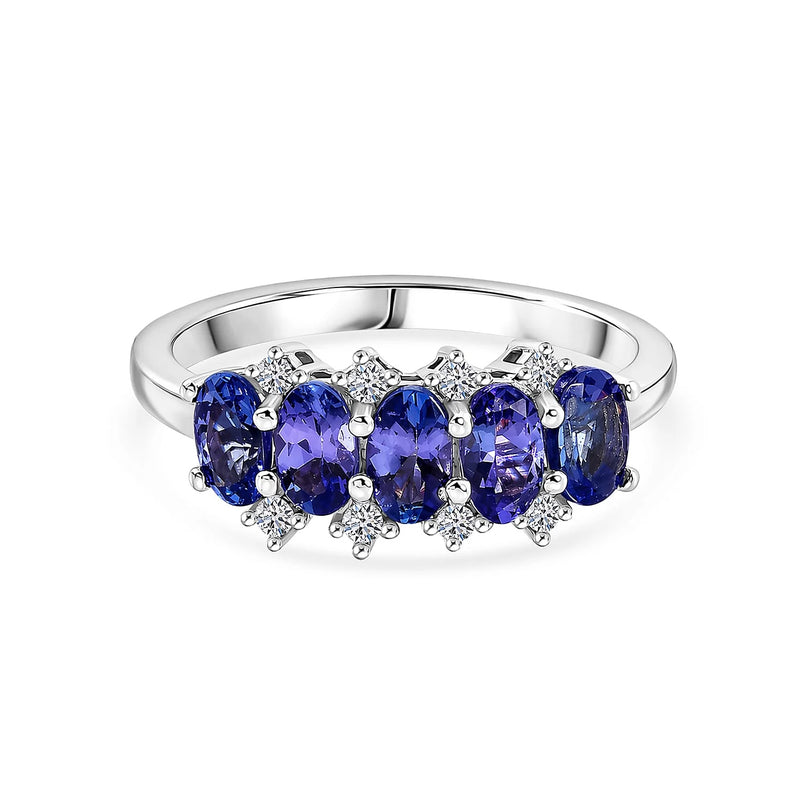 Luxuriant - AAA Tanzanite & Lab Grown Diamond (SI/G-H) 5 Stone Ring in Rhodium Overlay Sterling Silver 1.40 Ct._8572146