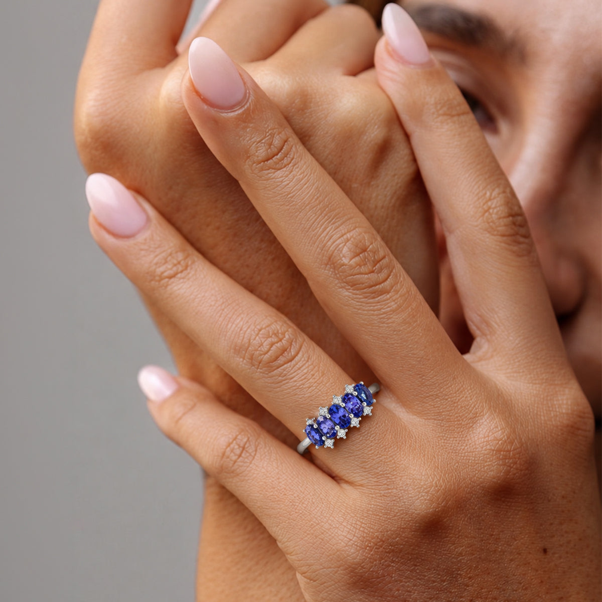 Luxuriant - AAA Tanzanite &amp; Lab Grown Diamond (SI-G-H) 5 Stone Ring in Rhodium Overlay Sterling Silver 1.40 Ct. 8572146 2