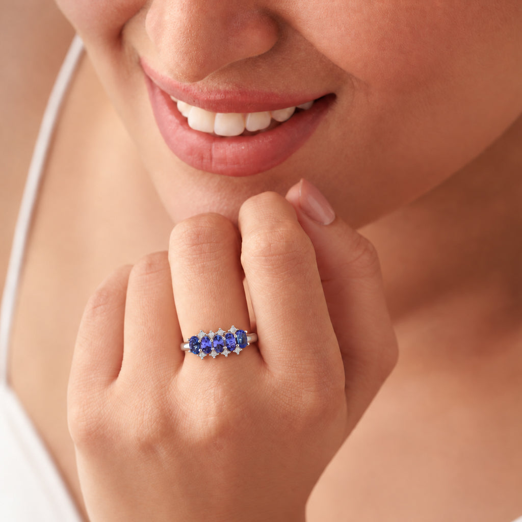 Luxuriant - AAA Tanzanite & Lab Grown Diamond (SI/G-H) 5 Stone Ring in Rhodium Overlay Sterling Silver 1.40 Ct._8572146_2