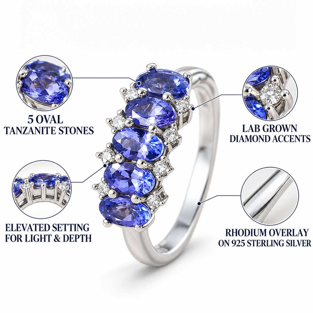 Luxuriant - AAA Tanzanite & Lab Grown Diamond (SI/G-H) 5 Stone Ring in Rhodium Overlay Sterling Silver 1.40 Ct._8572146_3