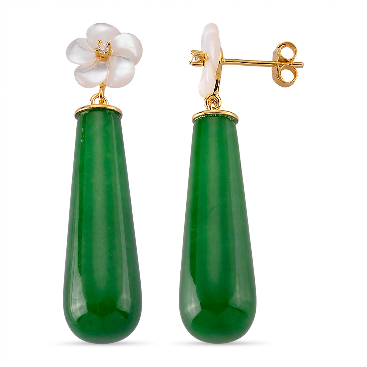 D'Joy - Enhanced Green Jade &amp; White Mother Of Pearl Drop Earring with Push Back in Yellow Gold Plated Sterling Silver 35.00 Ct. V32513914 0