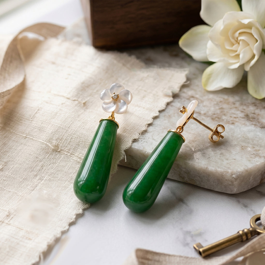 D'Joy - Enhanced Green Jade & White Mother Of Pearl Drop Earring with Push Back in Yellow Gold Plated Sterling Silver 35.00 Ct._8572199_2