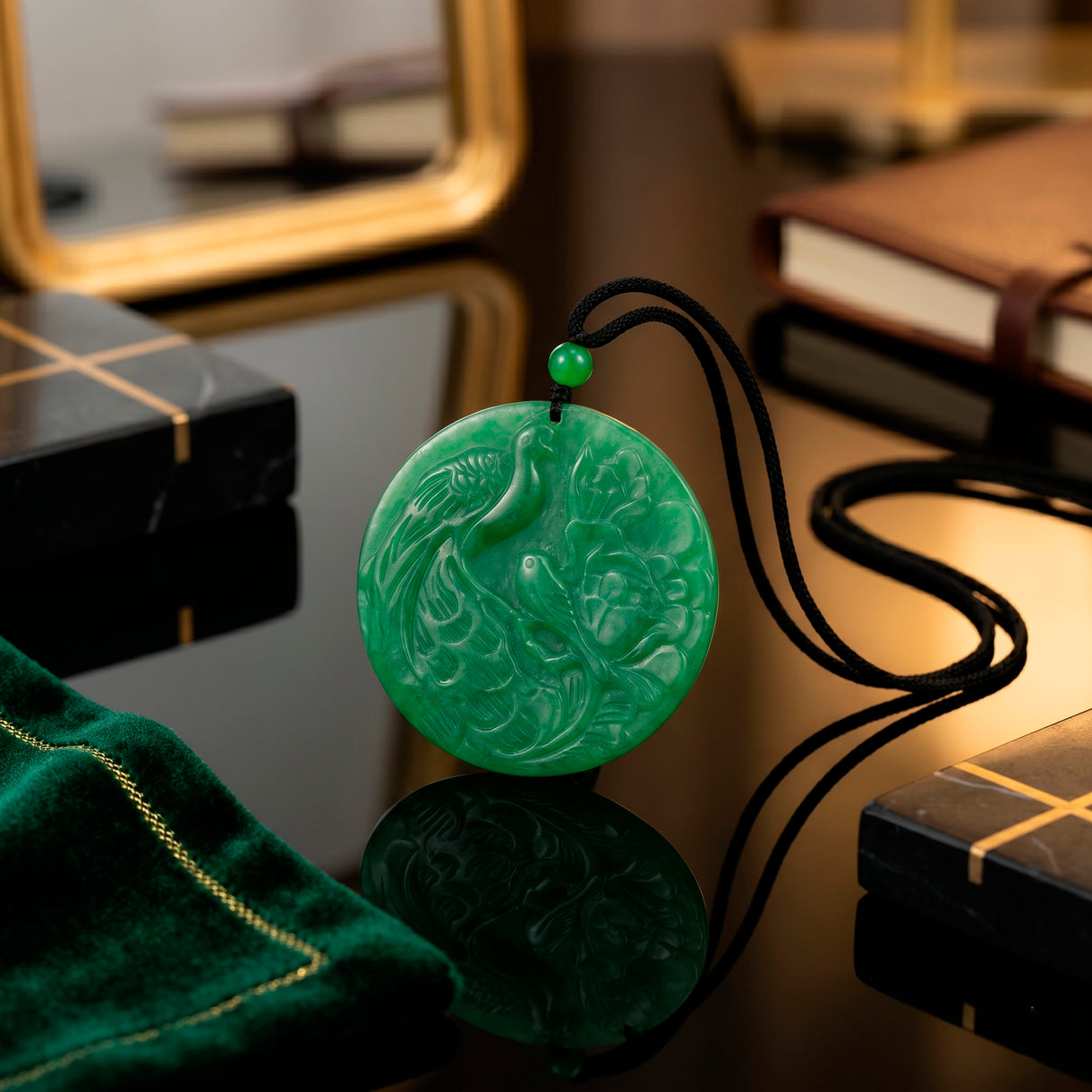 Green Jade Adjustable Carved Phoenix Necklace with Cotton Thread (Size - 28) 145.00 Ct. V32528583 3