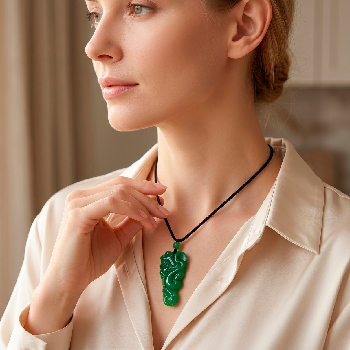 Green Jade Adjustable Carved Dragon Necklace with Cotton Thread (Size - 28) 145.00 Ct. 8572248 2