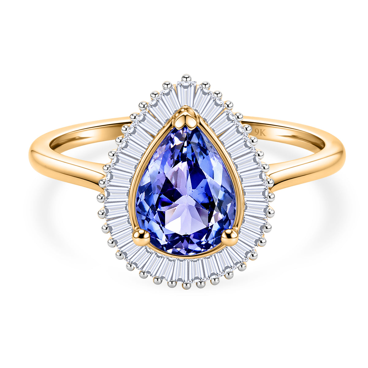 9K Yellow Gold Tanzanite & White Diamond Pear Cut Halo Ring 1.33 Ct._8572256