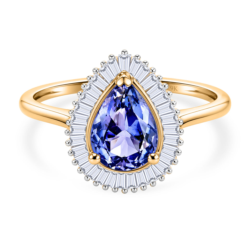 9K Yellow Gold Tanzanite & White Diamond Pear Cut Halo Ring 1.33 Ct._8572258