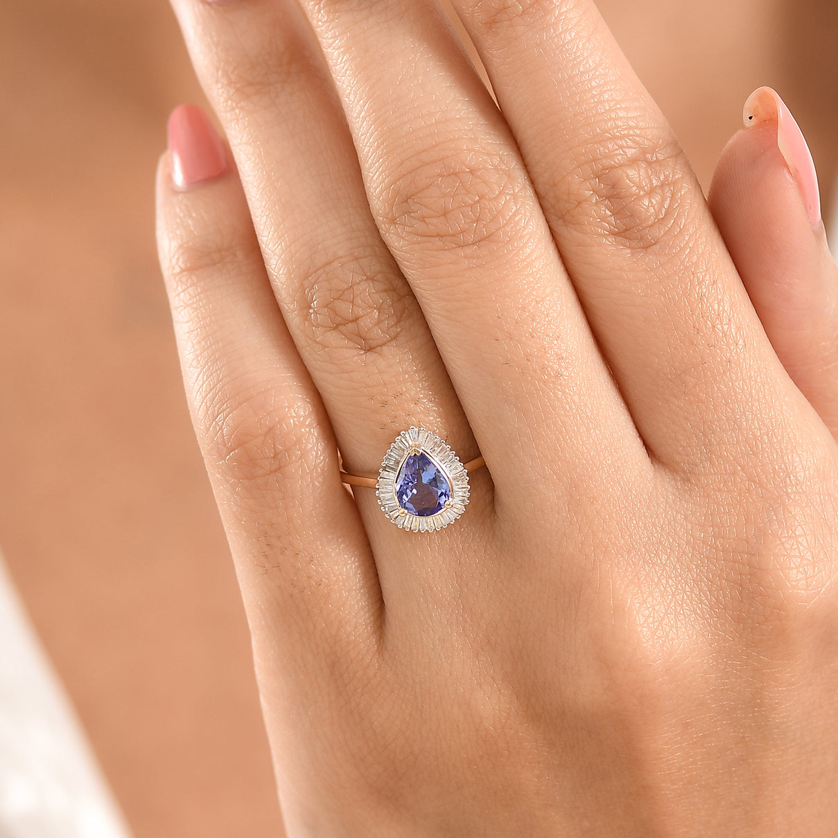 9K Yellow Gold PremiumTanzanite &amp; White Diamond Pear Cut Halo Ring 1.33 Ct. V32512630 2
