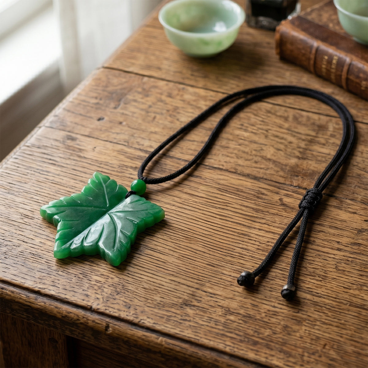 Green Jade Adjustable Leaf Necklace with Cotton Thread (Size - 28) 80.00 Ct. V32514712 3