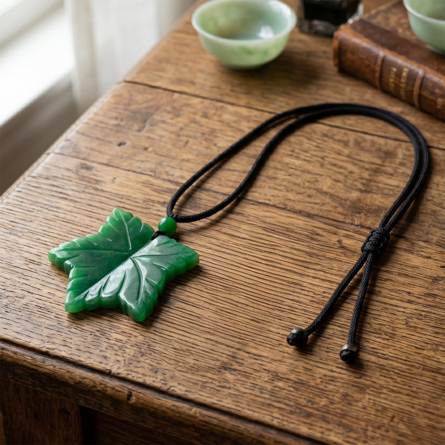 Green Jade Adjustable Leaf Necklace with Cotton Thread (Size - 28) 80.00 Ct. V32514712 3