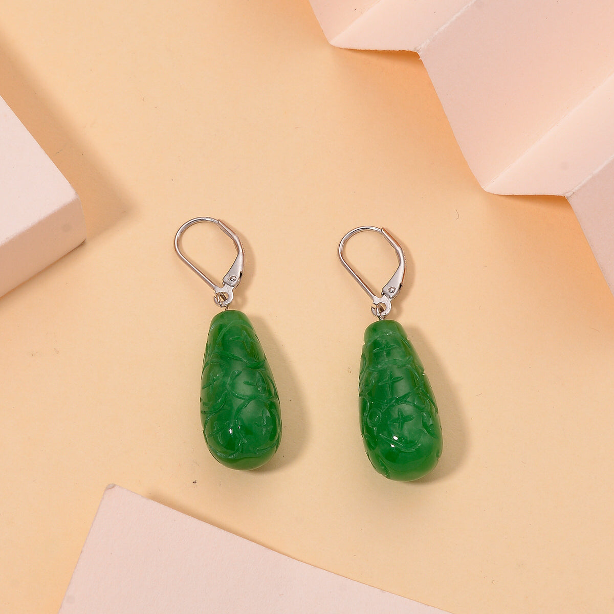 D'Joy - Green Jade Drop Earring with Lever Back in Rhodium Overlay Sterling Silver 50.00 Ct. V32567756 2