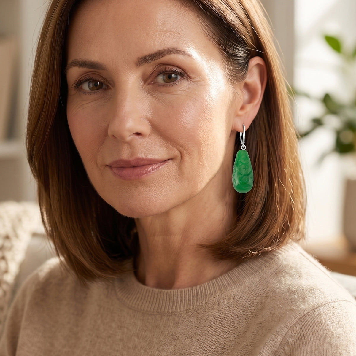 D'Joy - Green Jade Drop Earring with Lever Back in Rhodium Overlay Sterling Silver 50.00 Ct. V32567756 3