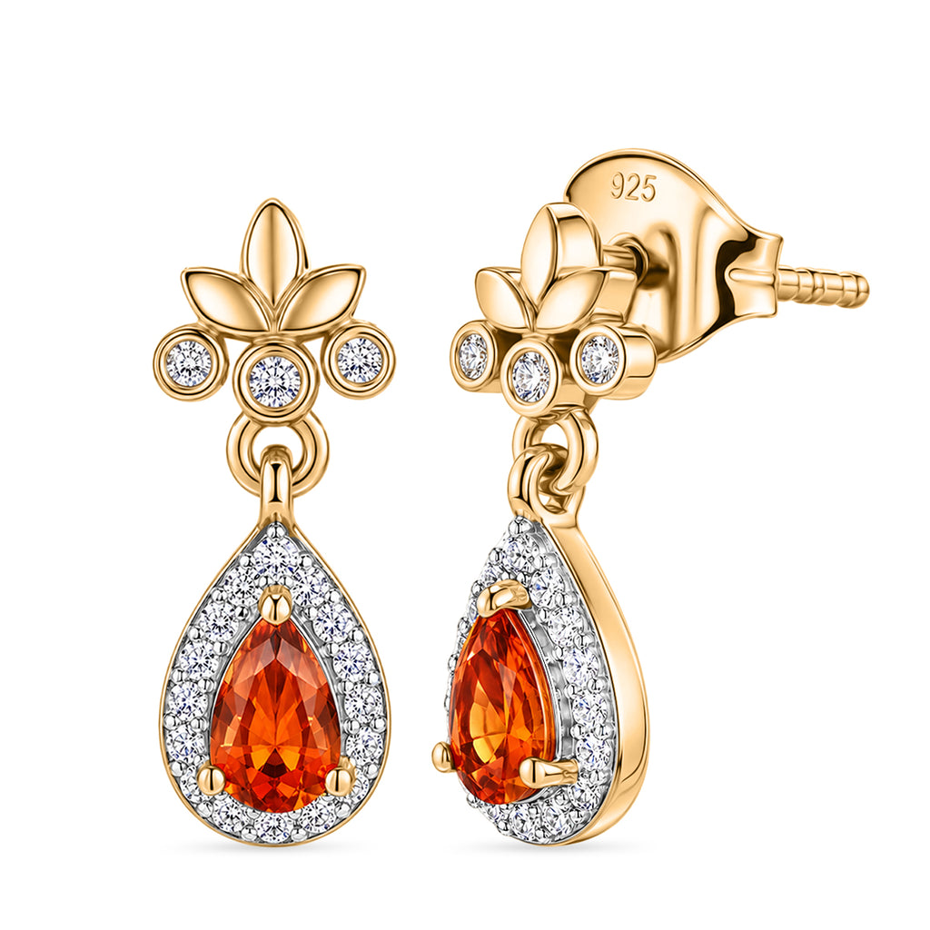 D'Joy - Natural Crimson Fire Opal & White Zircon Dangling Earring with Push Post in Yellow Gold Plated Sterling Silver_8572399