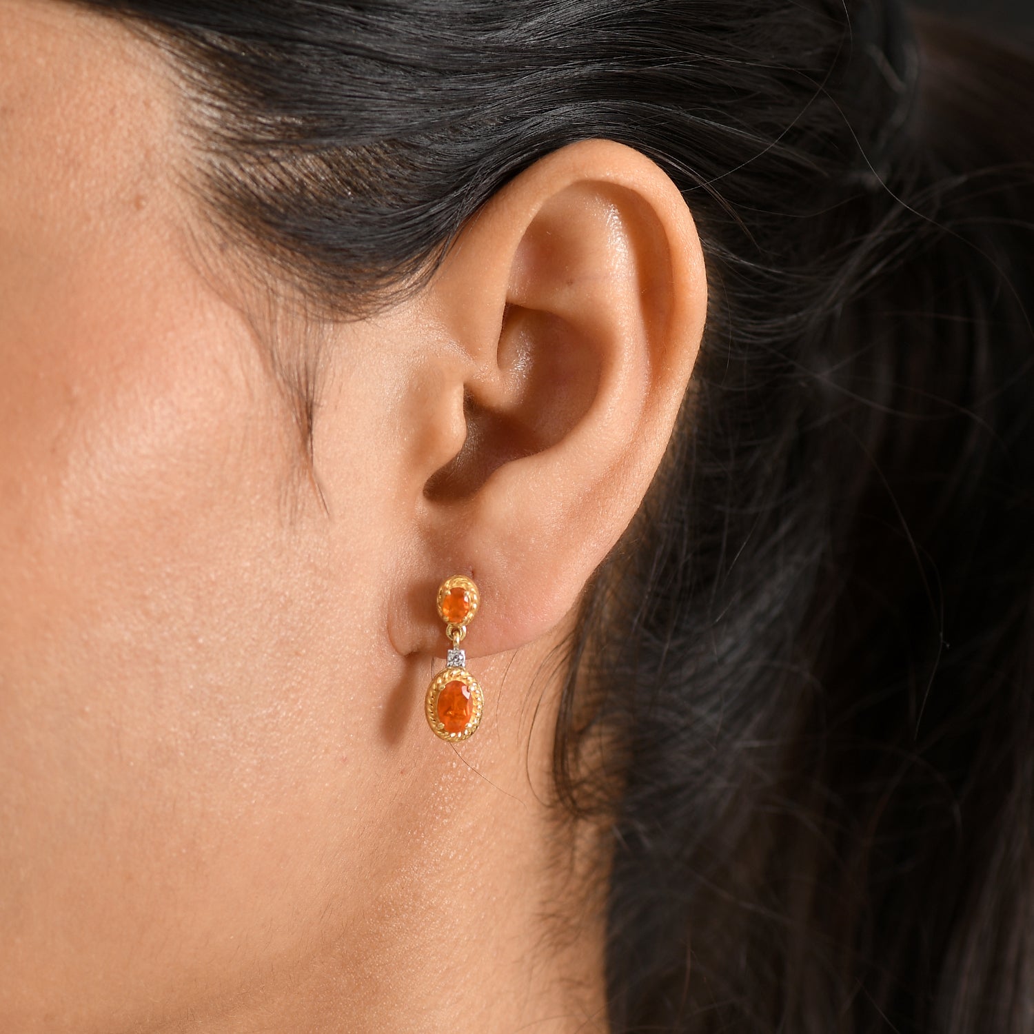D'Joy - Natural Crimson Fire Opal &amp; White Zircon Dangling Earring with Push Post in Yellow Gold Plated Sterling Silver 1.04 Ct. 8572426 2