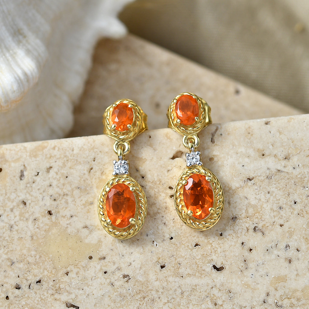 D'Joy - Natural Crimson Fire Opal & White Zircon Dangling Earring with Push Post in Yellow Gold Plated Sterling Silver 1.04 Ct._8572426_2