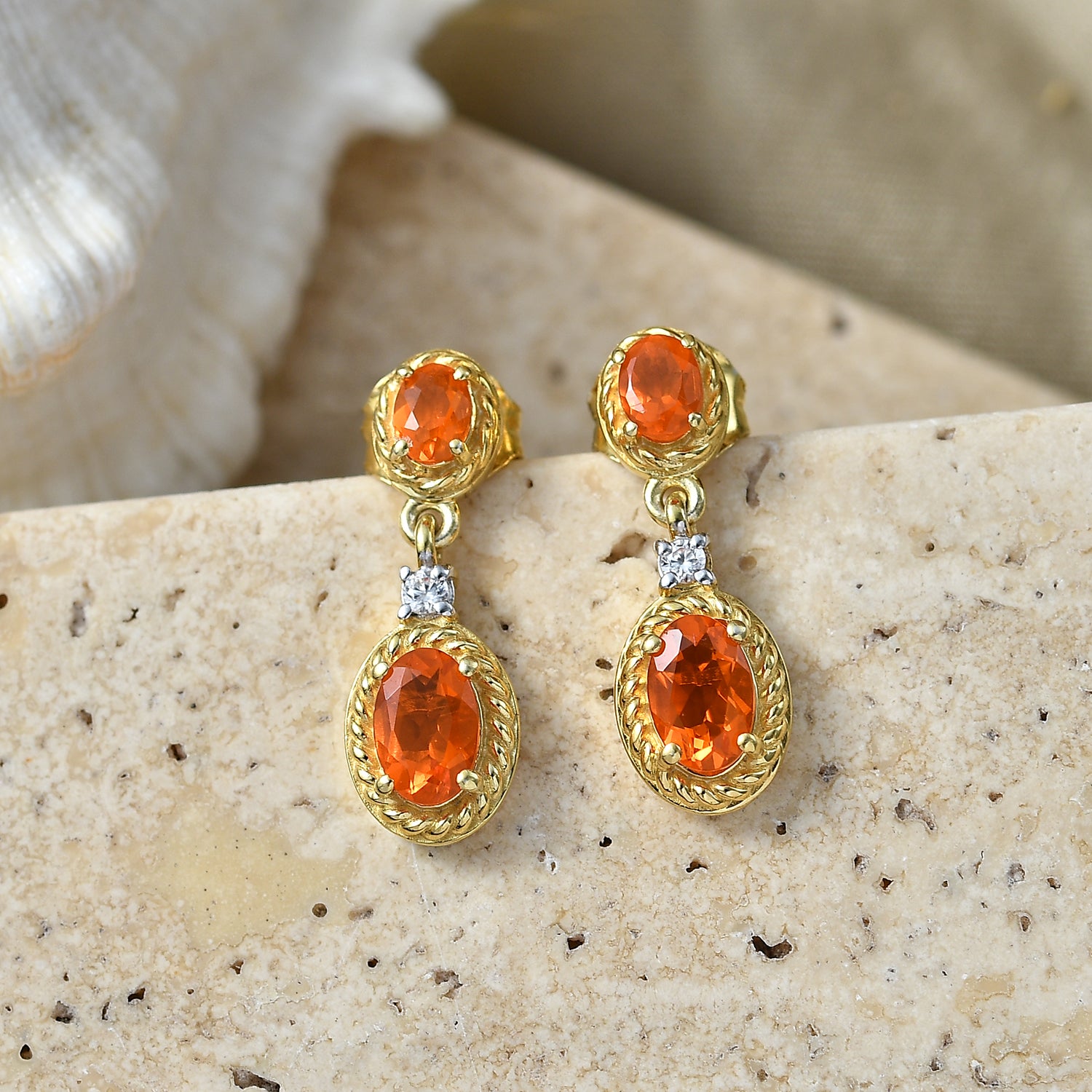 D'Joy - Natural Crimson Fire Opal &amp; White Zircon Dangling Earring with Push Post in Yellow Gold Plated Sterling Silver 1.04 Ct. 8572426 3