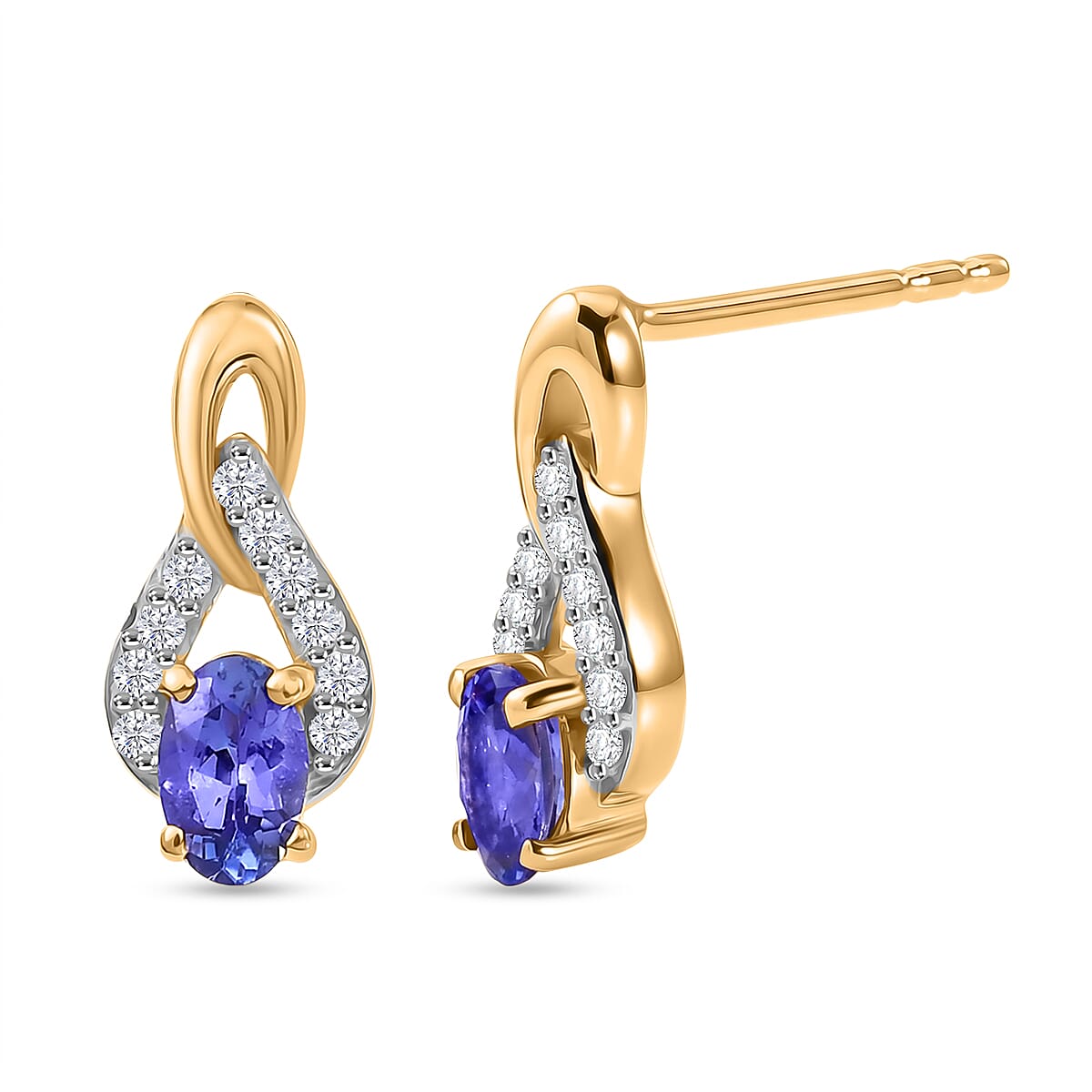 D'Joy - AAA Tanzanite &amp; White Zircon Solitaire Stud Push Post Earring in Yellow Gold Plated Sterling Silver V32518666 0