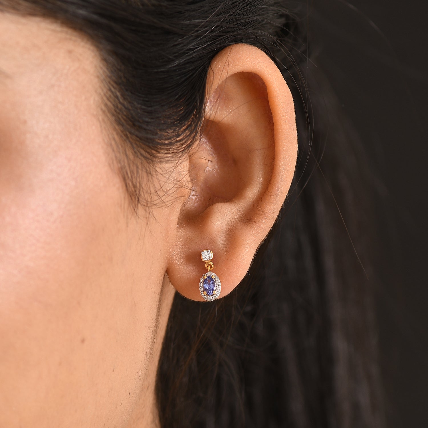 D'Joy - AAA Tanzanite &amp; White Zircon Oval Halo Drop Earring with Push Post in Yellow Gold Plated Sterling Silver 1.00 Ct. 8572710 1