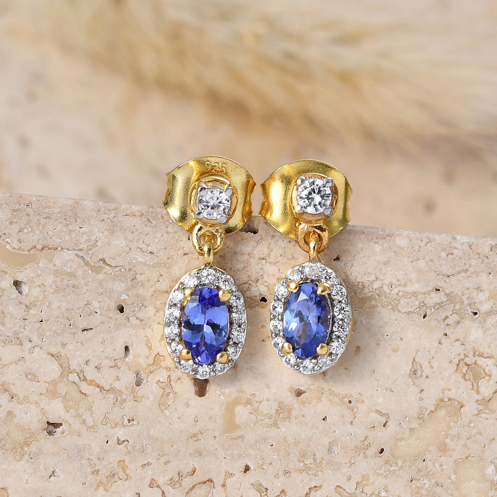 D'Joy - AAA Tanzanite & White Zircon Oval Halo Drop Earring with Push Post in Yellow Gold Plated Sterling Silver 1.00 Ct._8572710_2