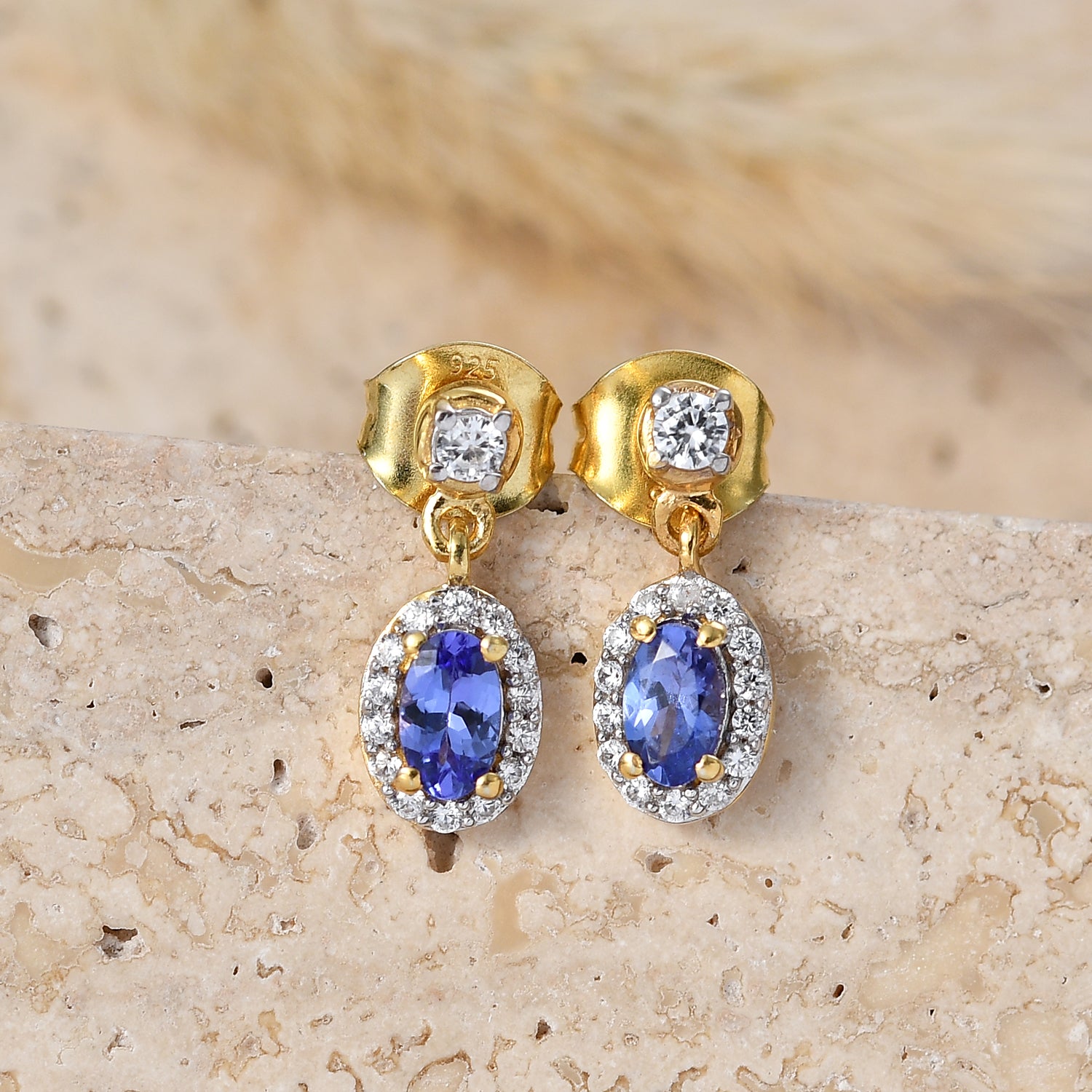 D'Joy - AAA Tanzanite &amp; White Zircon Oval Halo Drop Earring with Push Post in Yellow Gold Plated Sterling Silver 1.00 Ct. 8572710 2