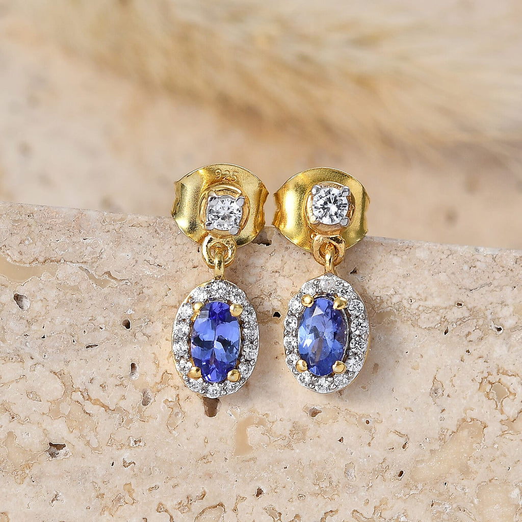 D'Joy - AAA Tanzanite & White Zircon Oval Halo Drop Earring with Push Post in Yellow Gold Plated Sterling Silver 1.00 Ct._8572710
