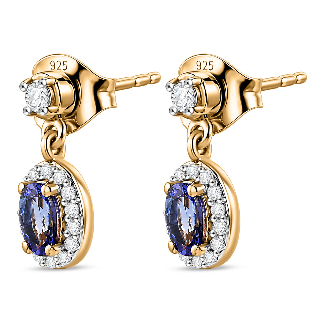 D'Joy - AAA Tanzanite & White Zircon Oval Halo Drop Earring with Push Post in Yellow Gold Plated Sterling Silver 1.00 Ct._8572710_3