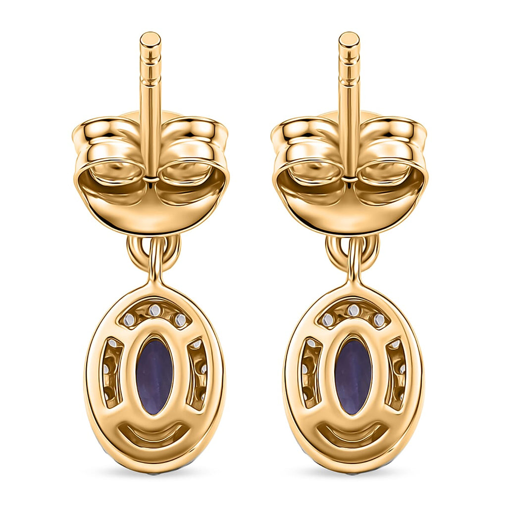 D'Joy - AAA Tanzanite & White Zircon Oval Halo Drop Earring with Push Post in Yellow Gold Plated Sterling Silver 1.00 Ct._8572710