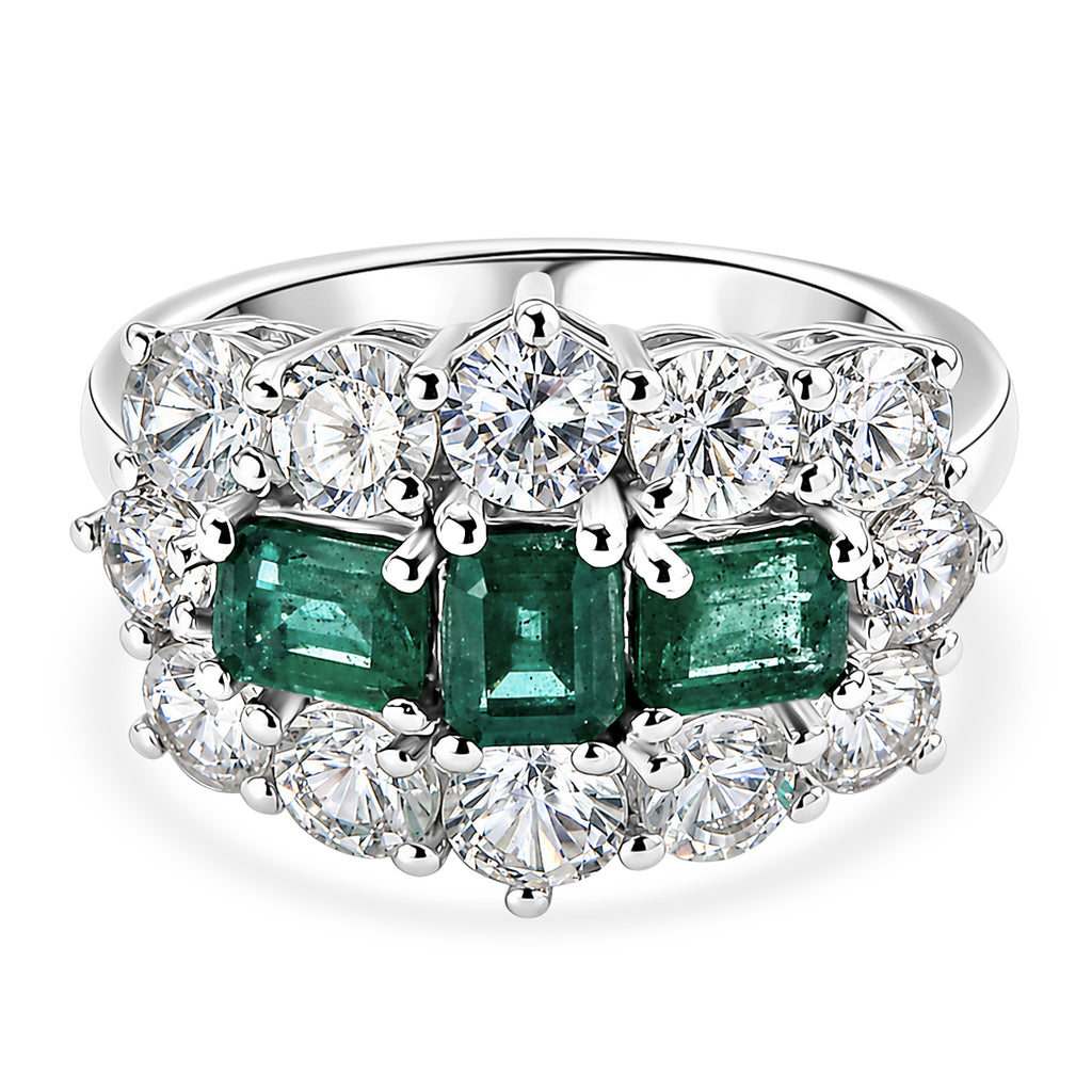D'Joy - AAA Zambian Emerald & White Zircon Cluster Ring in Rhodium Overlay Sterling Silver 4.90 Ct._8572730