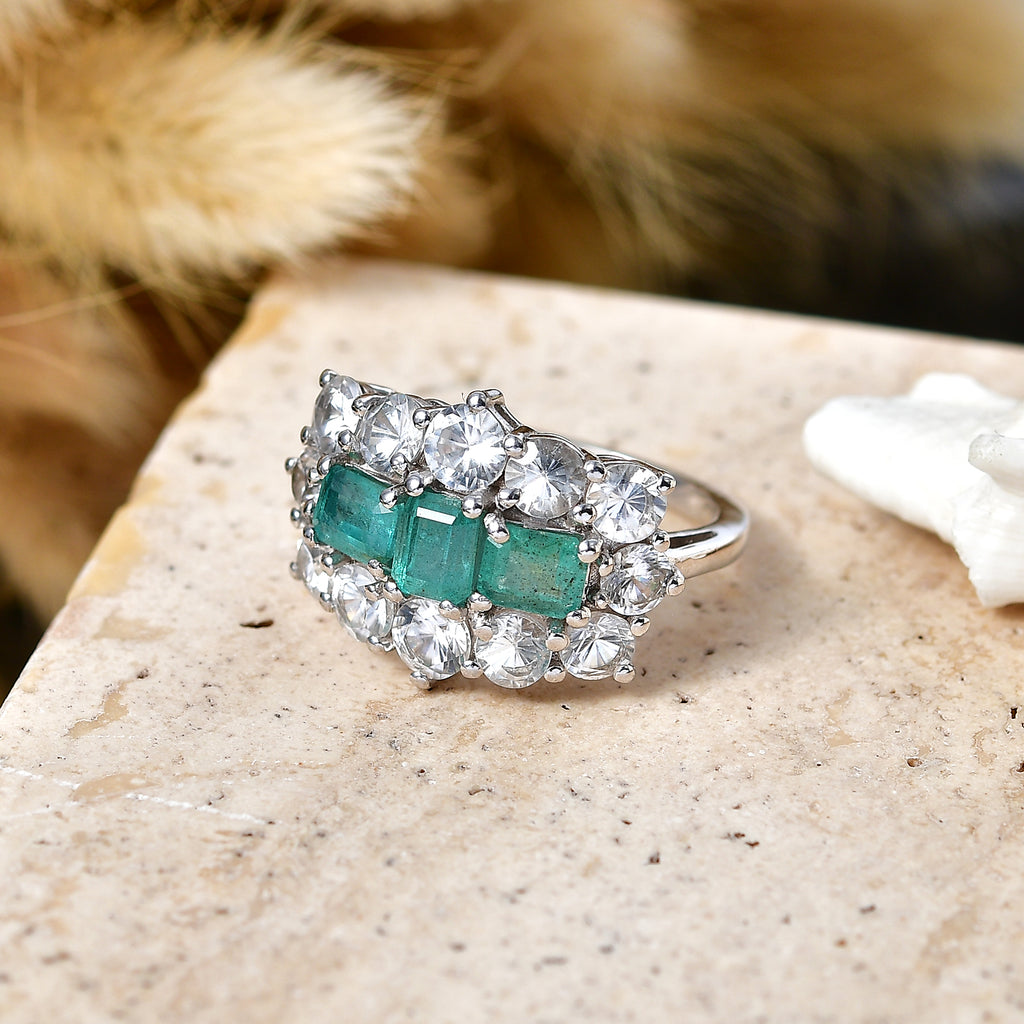 D'Joy - AAA Zambian Emerald & White Zircon Cluster Ring in Rhodium Overlay Sterling Silver 4.90 Ct._8572730_2