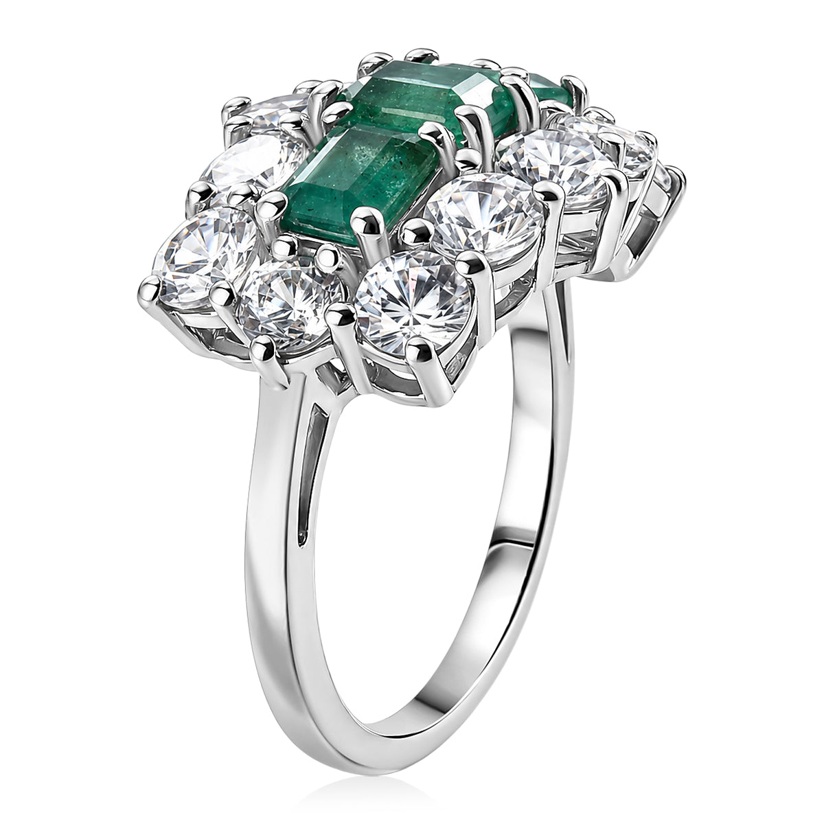 D'Joy - AAA Zambian Emerald &amp; White Zircon Cluster Ring in Rhodium Overlay Sterling Silver 4.90 Ct. 8572730 4