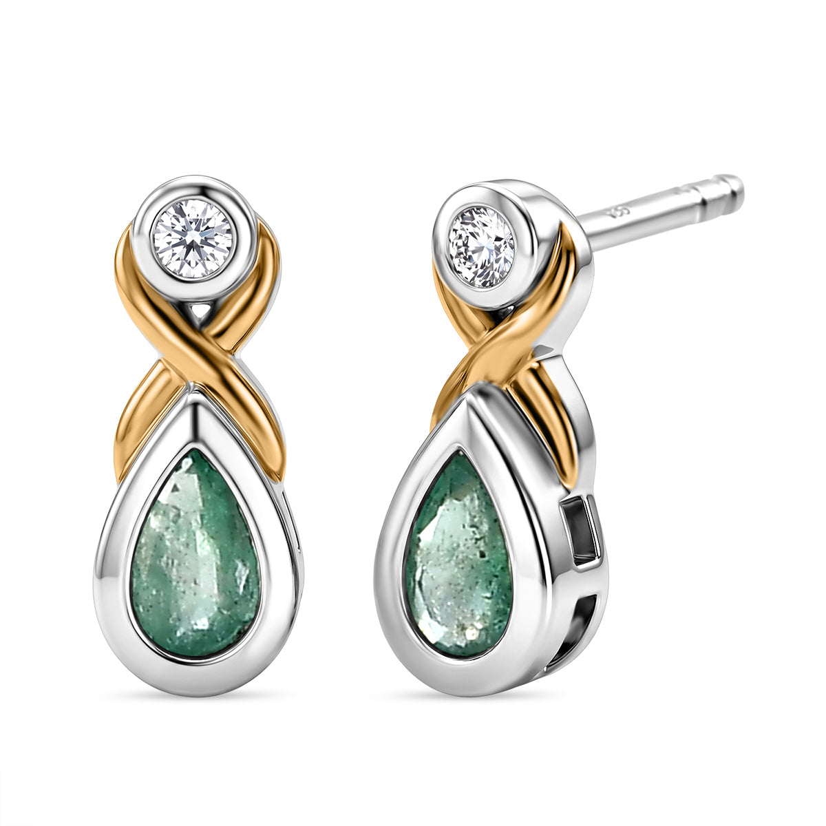 Luxuriant - AAA Premium  Zambian Emerald &amp; Lab Grown Diamond (SI-G-H) Infinity Drop Earring with Push Post in 18K Vermeil Yellow Gold Plated &amp; Rhodium Overlay Sterling Silver 0.34 Ct. 8572810 0