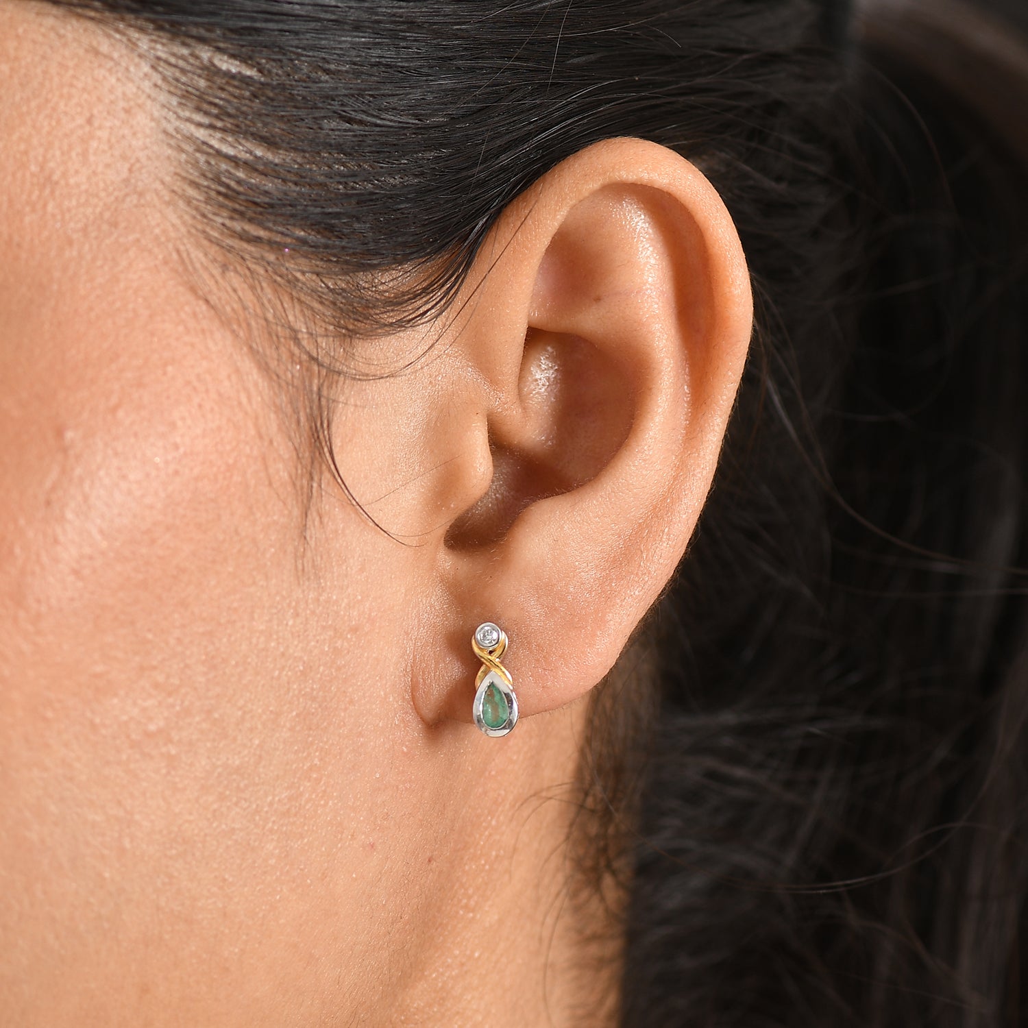 Luxuriant - AAA Premium  Zambian Emerald &amp; Lab Grown Diamond (SI-G-H) Infinity Drop Earring with Push Post in 18K Vermeil Yellow Gold Plated &amp; Rhodium Overlay Sterling Silver 0.34 Ct. 8572810 2