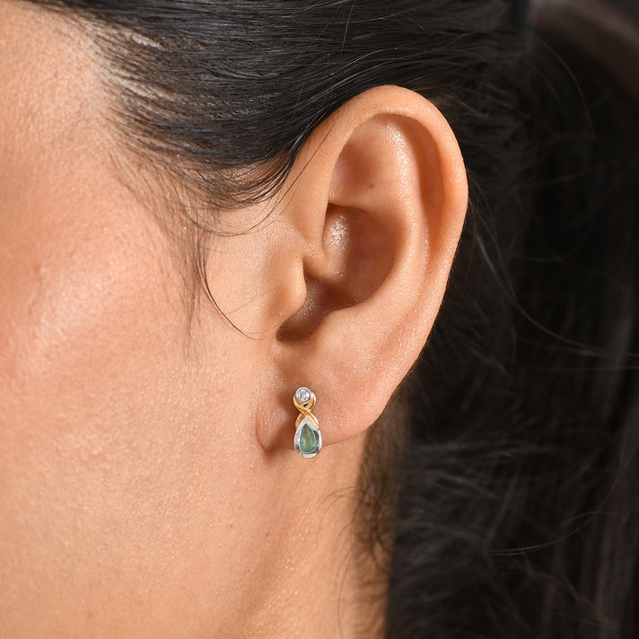 Luxuriant - AAA Premium  Zambian Emerald &amp; Lab Grown Diamond (SI-G-H) Infinity Drop Earring with Push Post in 18K Vermeil Yellow Gold Plated &amp; Rhodium Overlay Sterling Silver 0.34 Ct. 8572810 2