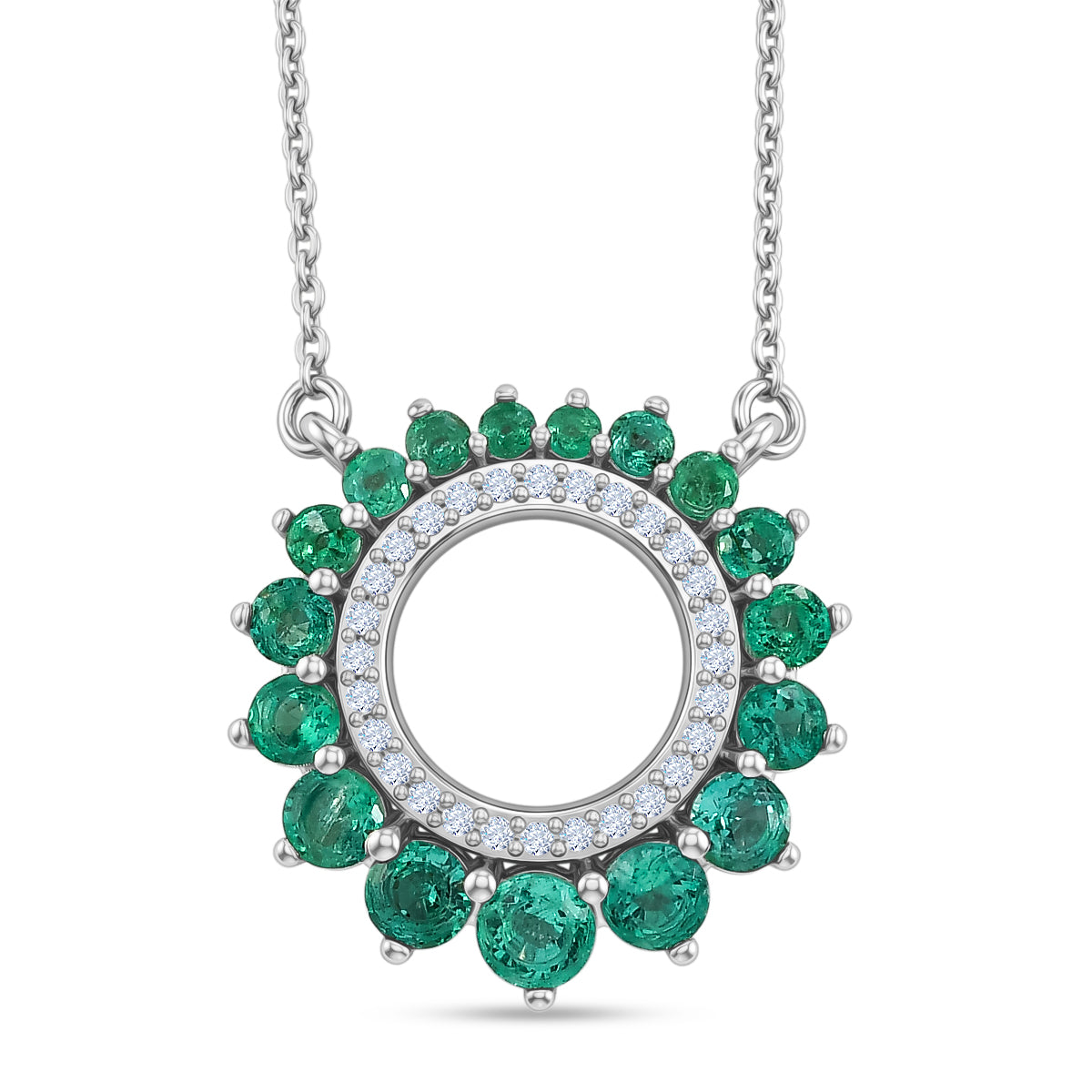 D'Joy - AAA Premium Zambian Emerald &amp; White Zircon Necklace (Size - 20) with Lobster Clasp in Rhodium Overlay Sterling Silver 1.40 Ct. 8572812 0