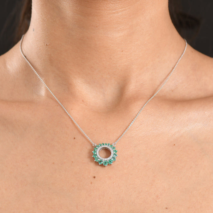 D'Joy - AAA Premium Zambian Emerald &amp; White Zircon Necklace (Size - 20) with Lobster Clasp in Rhodium Overlay Sterling Silver 1.40 Ct. 8572812 2