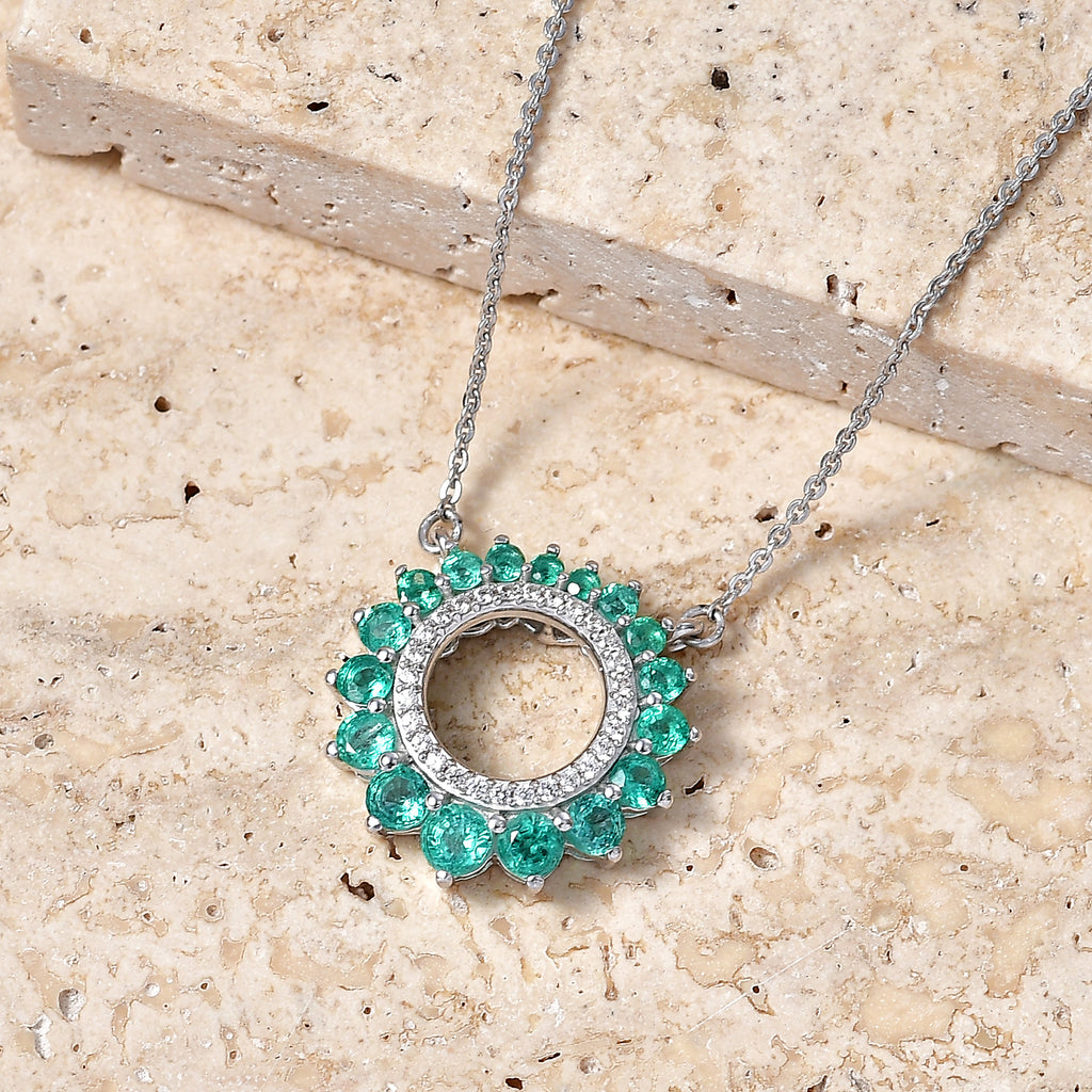 D'Joy - AAA Premium Zambian Emerald & White Zircon Necklace (Size - 20) with Lobster Clasp in Rhodium Overlay Sterling Silver 1.40 Ct._8572812_2