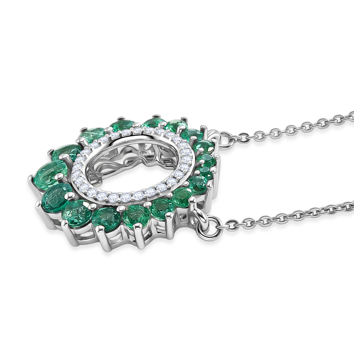 D'Joy - AAA Premium Zambian Emerald &amp; White Zircon Necklace (Size - 20) with Lobster Clasp in Rhodium Overlay Sterling Silver 1.40 Ct. 8572812 4