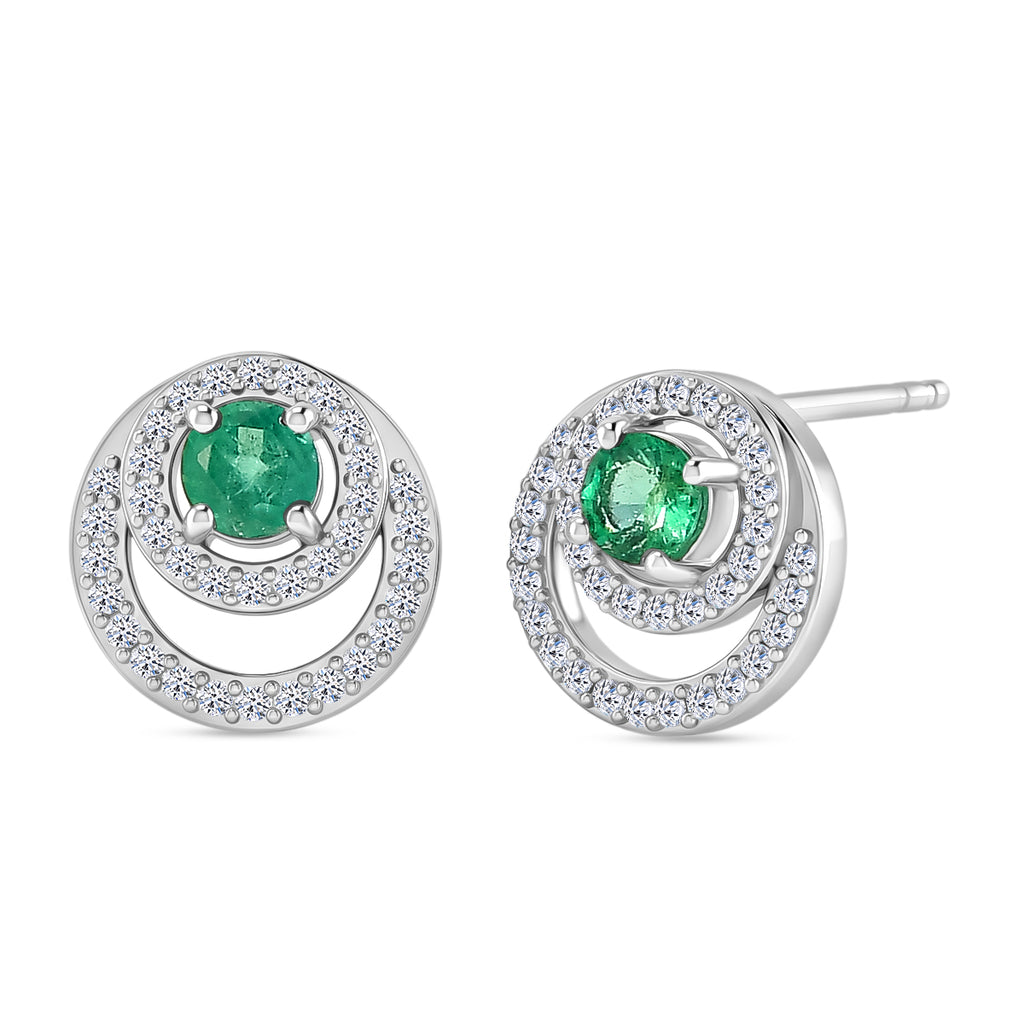 Luxuriant - AAA Premium Zambian Emerald & Lab Grown Diamond (SI/G-H) Halo Stud Earring with Push Post in Rhodium Overlay Sterling Silver 0.85 Ct._8572834